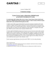 In considerazione dell’escalation della crisi in Ucraina, Caritas Svizzera fornisce aiuti di emergenza pari a 200'000 franchi. Questo permetterà, insieme a Caritas Ucraina, di rifornire la popolazione nell’Ucraina orientale di beni di prima necessità.
