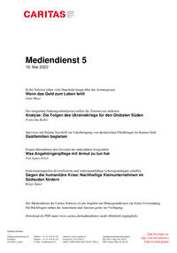 In der Schweiz leben viele Haushalte knapp über der Armutsgrenze. Wenn das Geld zum Leben fehlt. Aline Masé / Die steigenden Nahrungsmittelpreise treffen die Ärmsten am stärksten Analyse: Die Folgen des Ukrainekriegs für den Globalen Süden. Franziska Koller / Interview mit Pauline Savelieff zur Unterbringung von ukrainischen Flüchtlingen im Kanton Genf Gastfamilien begleiten. / Frauen übernehmen den Grossteil der unbezahlten Sorgearbeit. Was Angehörigenpflege mit Armut zu tun hat. Agnes Jelzer / Einkommensquellen diversifizieren und widerstandsfähige Lebensgrundlagen schaffen Gegen die humanitäre Krise: Nachhaltige Kleinunternehmen im Südsudan fördern. Brigit Zuber