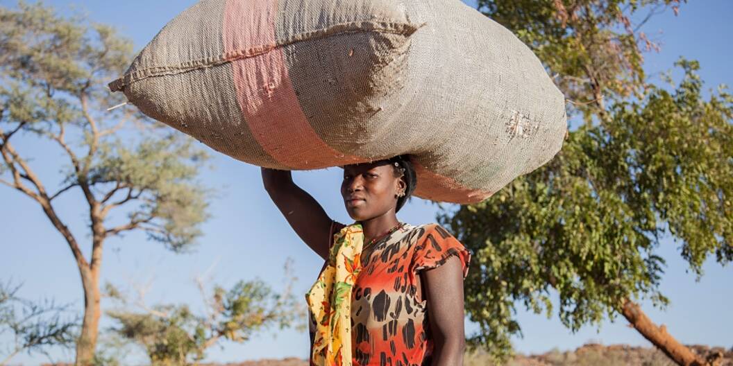 Fatima Tessougue, 40 Jahre alt, trägt einen Sack Mist auf dem Kopf, um das Feld zu düngen.